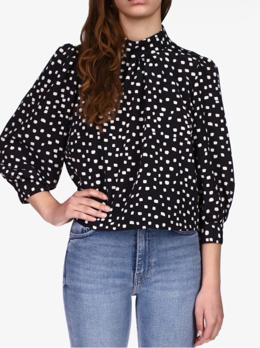 Sanctuary Black Blouse with White Square Dot Abstract Print